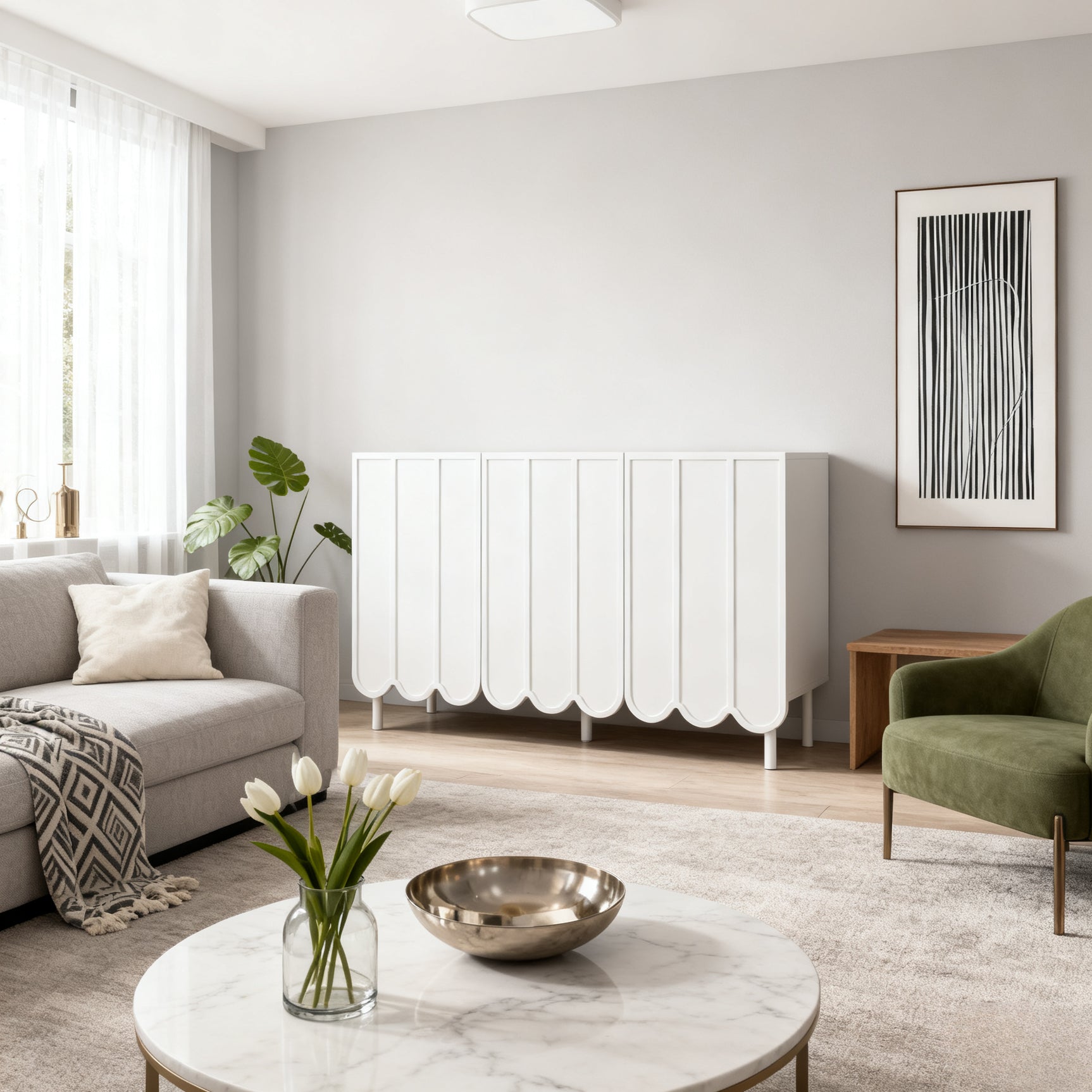 Modernes Weiß- und Holzbuffet mit 3 Schubladen und Schiebetüren mit Lamellen