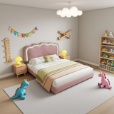 Lit enfant rembourré 90×190 cm avec LED, en velours rose avec tête de lit réglable et sommier à lattes (sans matelas)