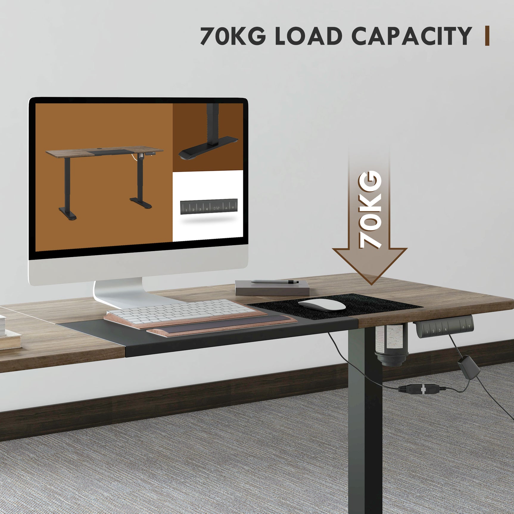 Table de bureau électrique réglable en hauteur 140x70 cm Stehschreibtisch avec moteur, cadre en métal, design nature+noir pour bureau et espace de travail