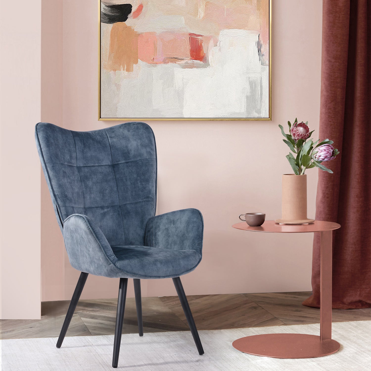 Scandinavian armchair with blue velvet armrests with stitching - bogdan