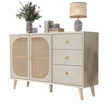 Salón y comedor buffet en blanco roto con puertas de ratán y 3 cajones, moderna unidad de almacenamiento de 120 cm de ancho