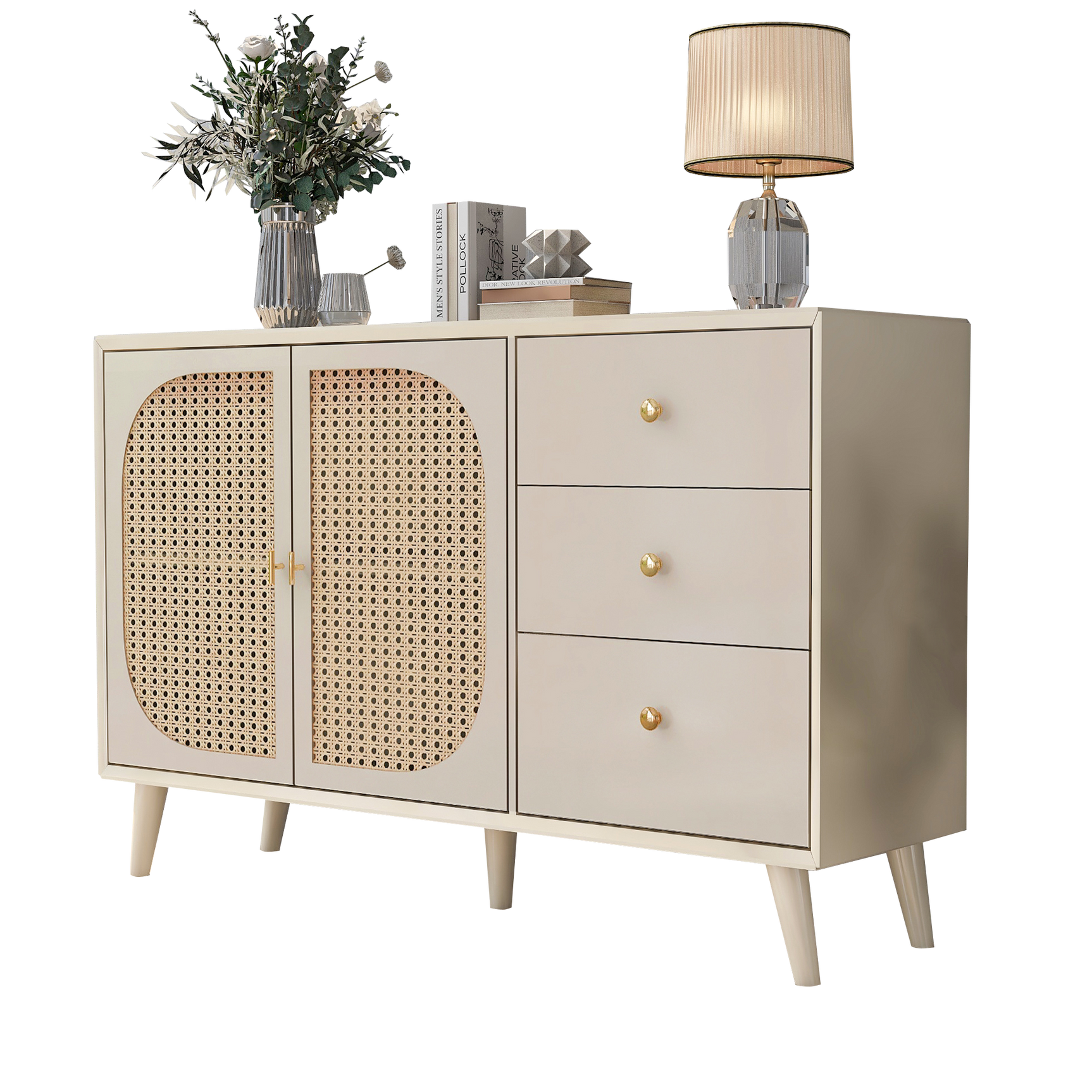 Salón y comedor buffet en blanco roto con puertas de ratán y 3 cajones, moderna unidad de almacenamiento de 120 cm de ancho