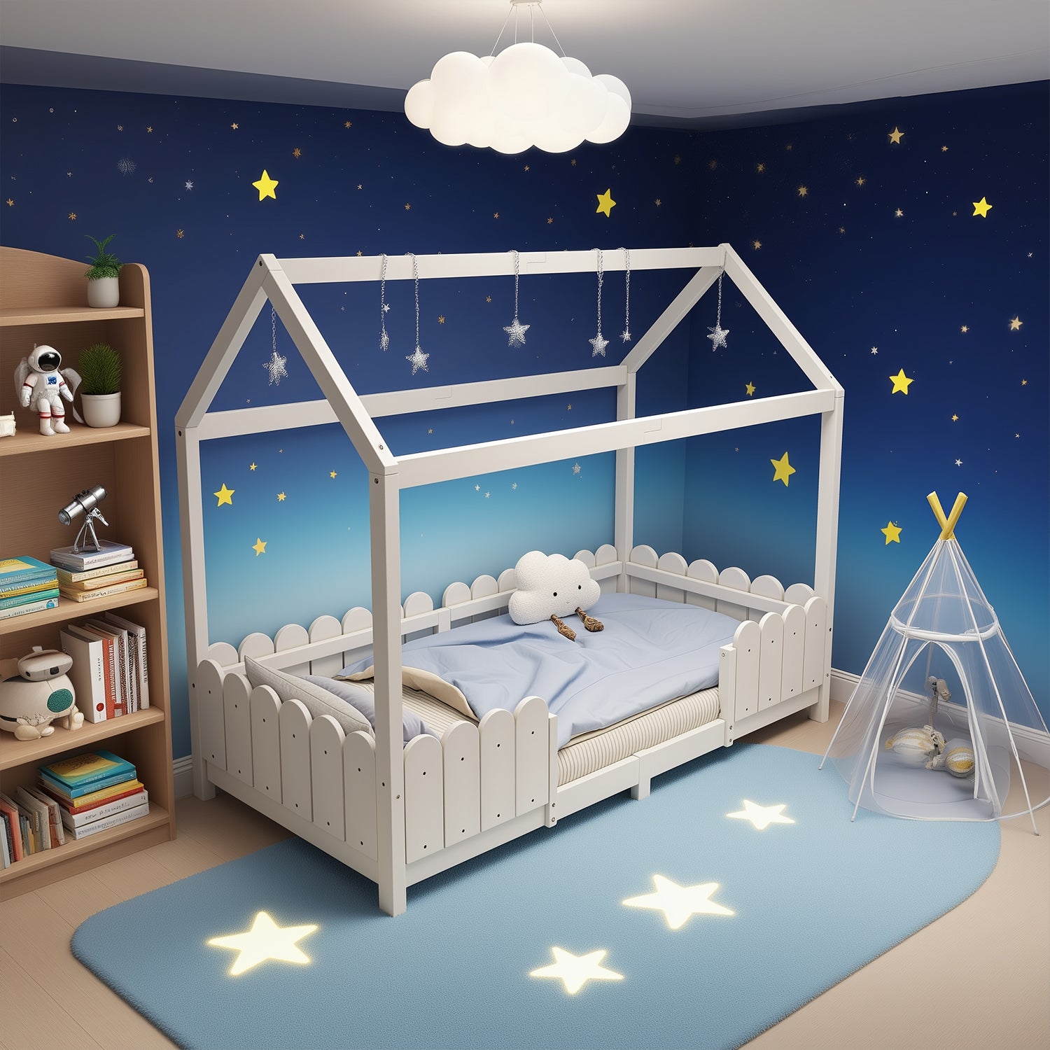 Kinderkabine 90x200 cm weiß in festem Holz mit Sicherheitsbarrieren und Schleiferboxen (ohne Matratzen)
