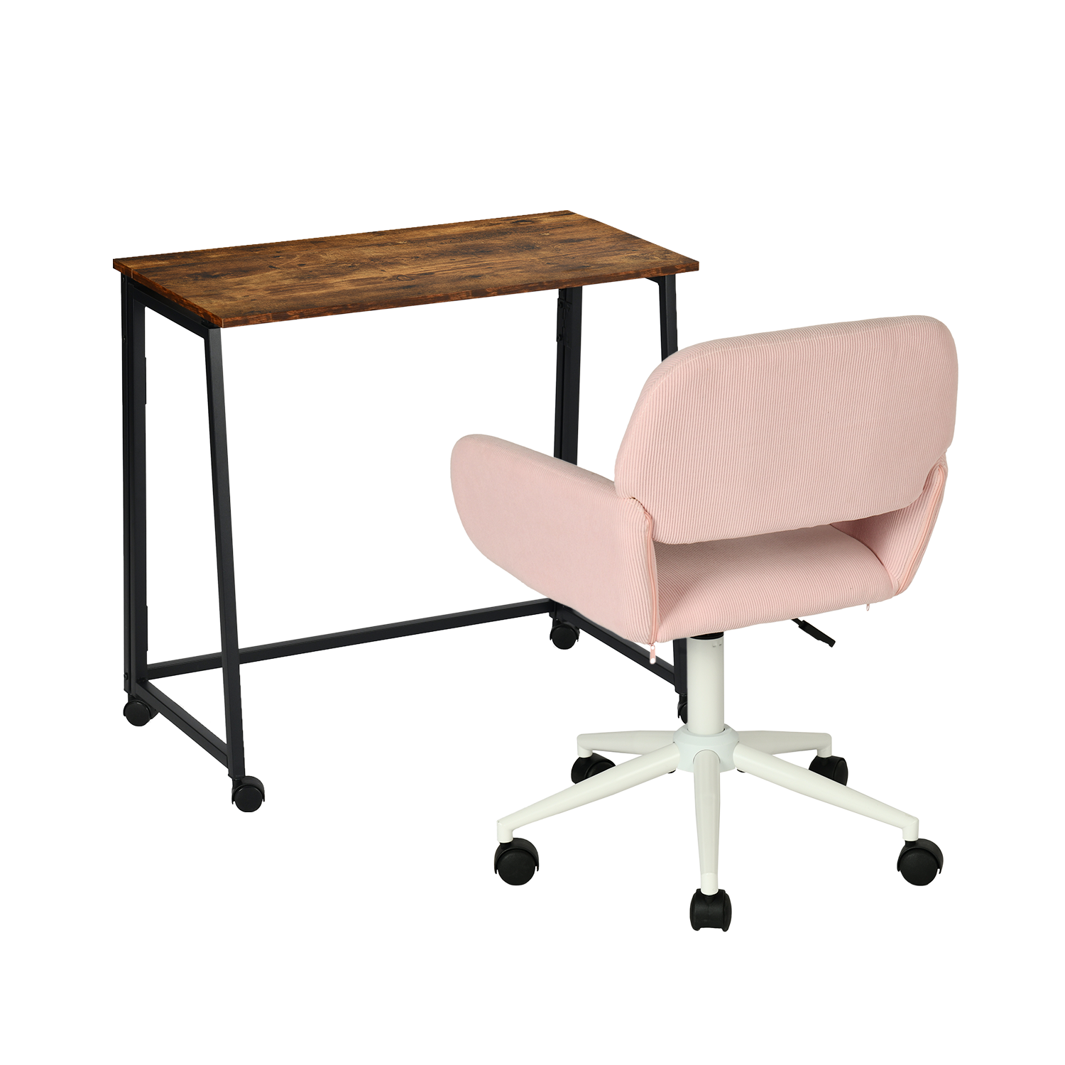 Set mit industrielles faltbarem Büro auf Rädern und rosa Samtstuhl - Ascoli & Ross