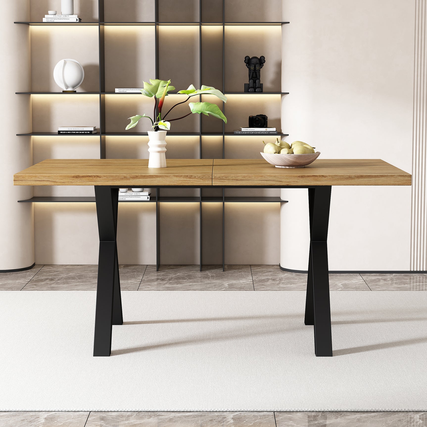 Modern industrial dining table 140x80 cm in oak effect with crossed feet in black metal