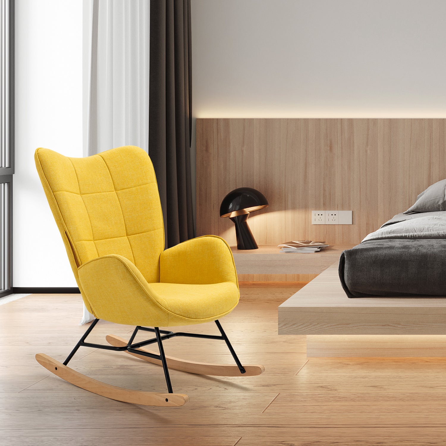Poltrona scandinava che allatta al seno con bracciale in tessuto giallo con cuciture - Kelan