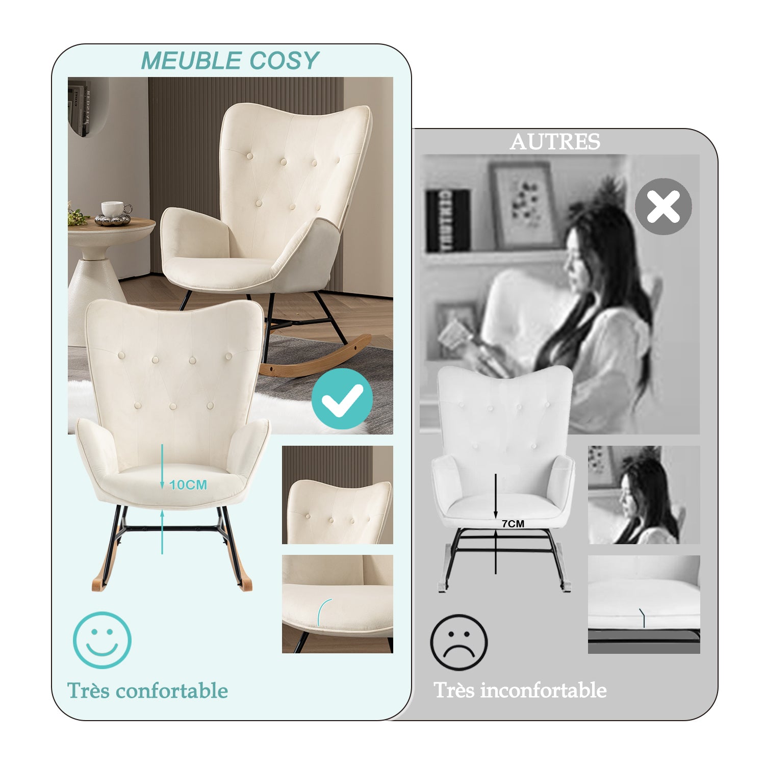 Fauteuil à bascule allaitement scandinave confortable en velours beige capitonné - EPPING