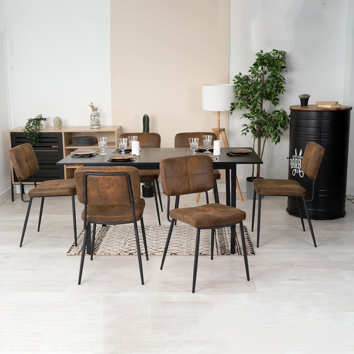 Round Table Table Table Table Timber Ø80 cm with 4 black velvet chairs, modern and comfortable style