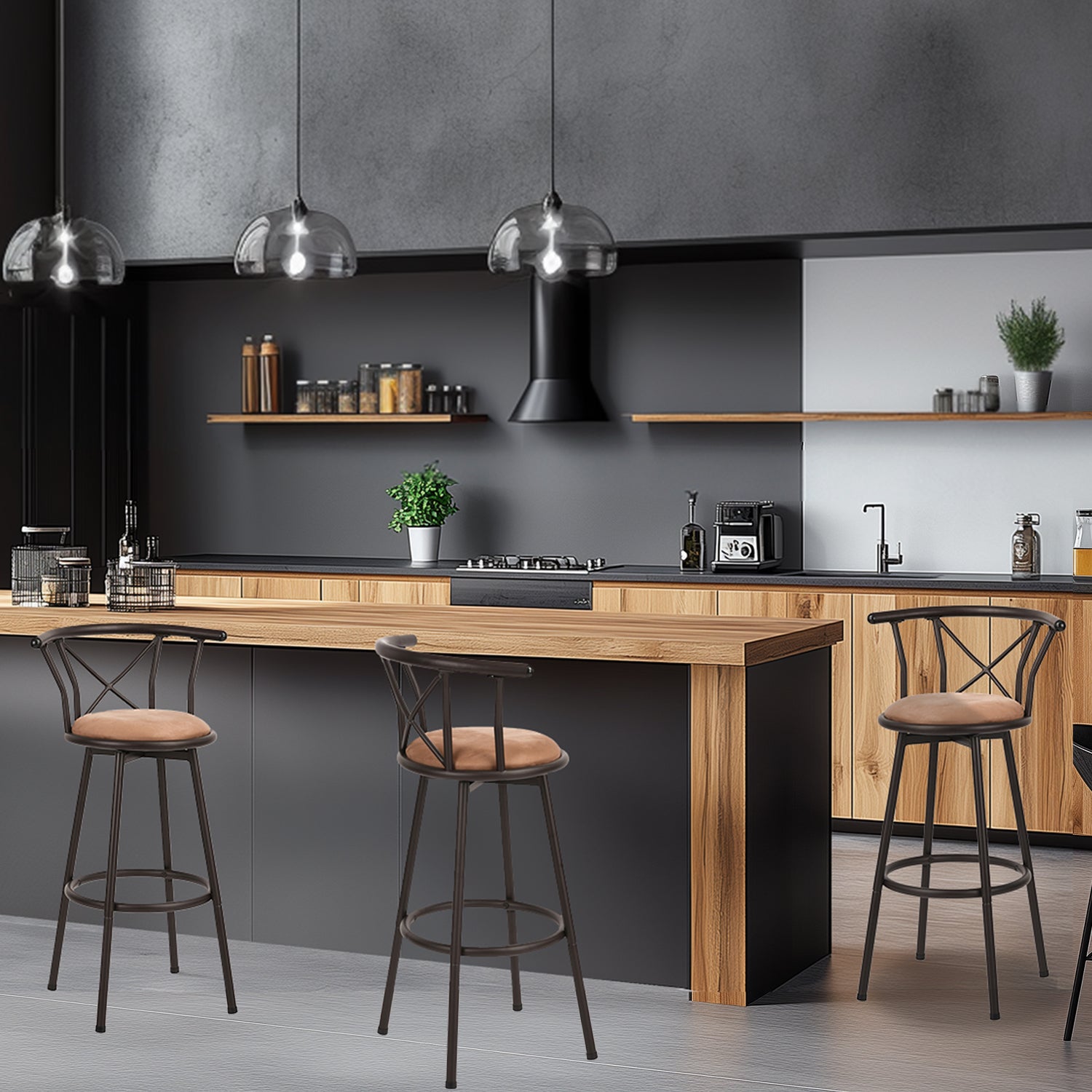 Set von 4 drehenden Industriestangenhocker mit brauner Stoffdatei - Hailey 29