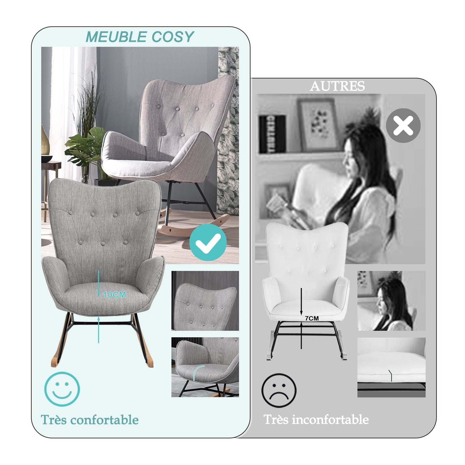 Fauteuil à bascule allaitement scandinave avec accoudoirs en tissu gris capitonné - EPPING