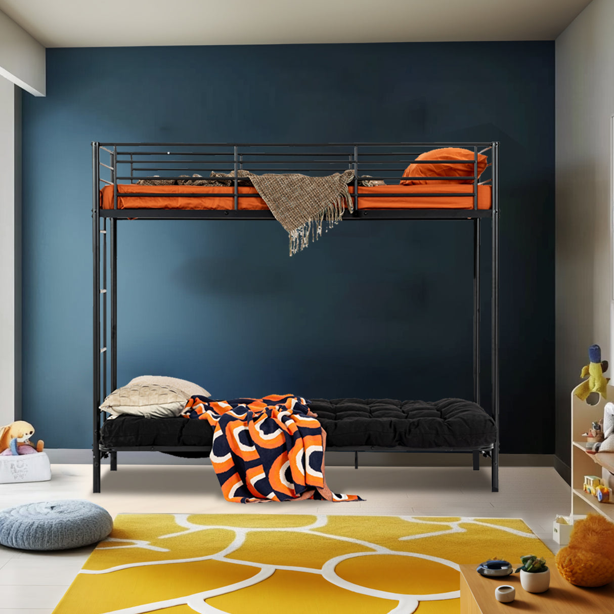 Bunk bed 90x190cm with convertible bench sofa and slatted base in black metal (mattress not included) - Liberty