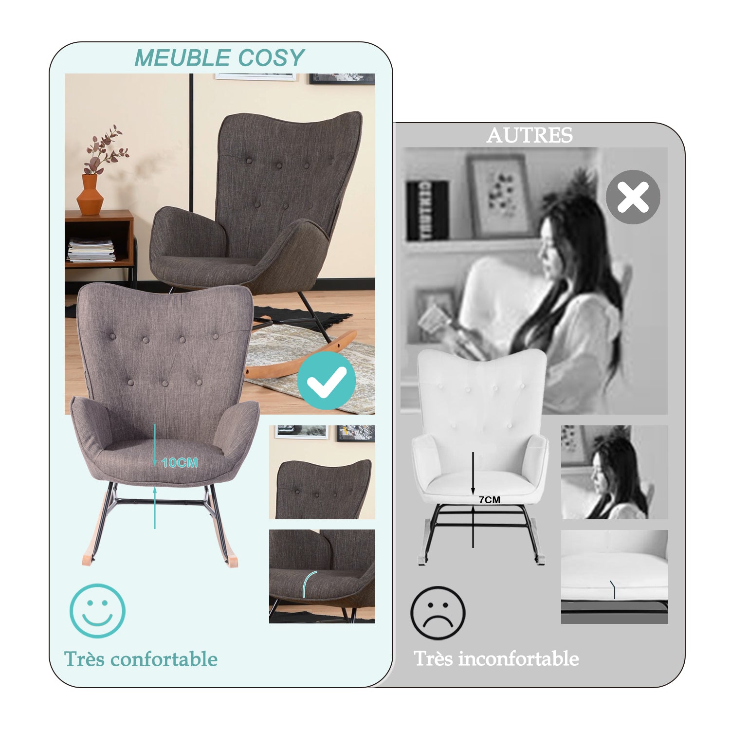 Fauteuil à bascule allaitement scandinave avec accoudoirs en tissu gris foncé capitonné - EPPING