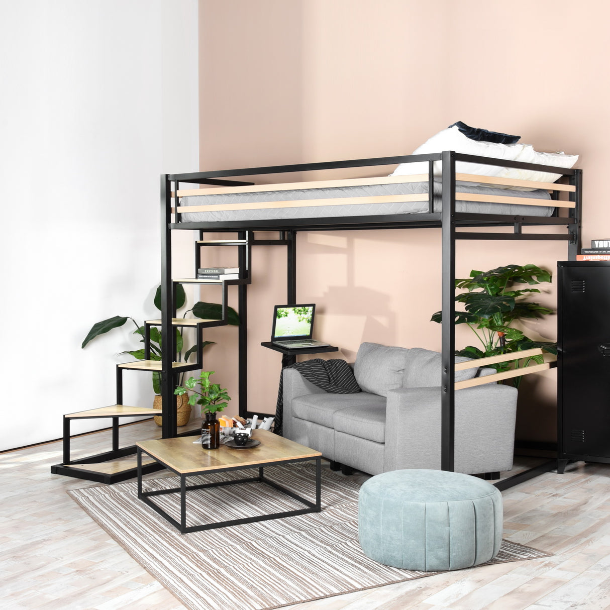 Double mezzanine bed (140x200) with slatted base in black and wood industrial style (mattress not included) - UP