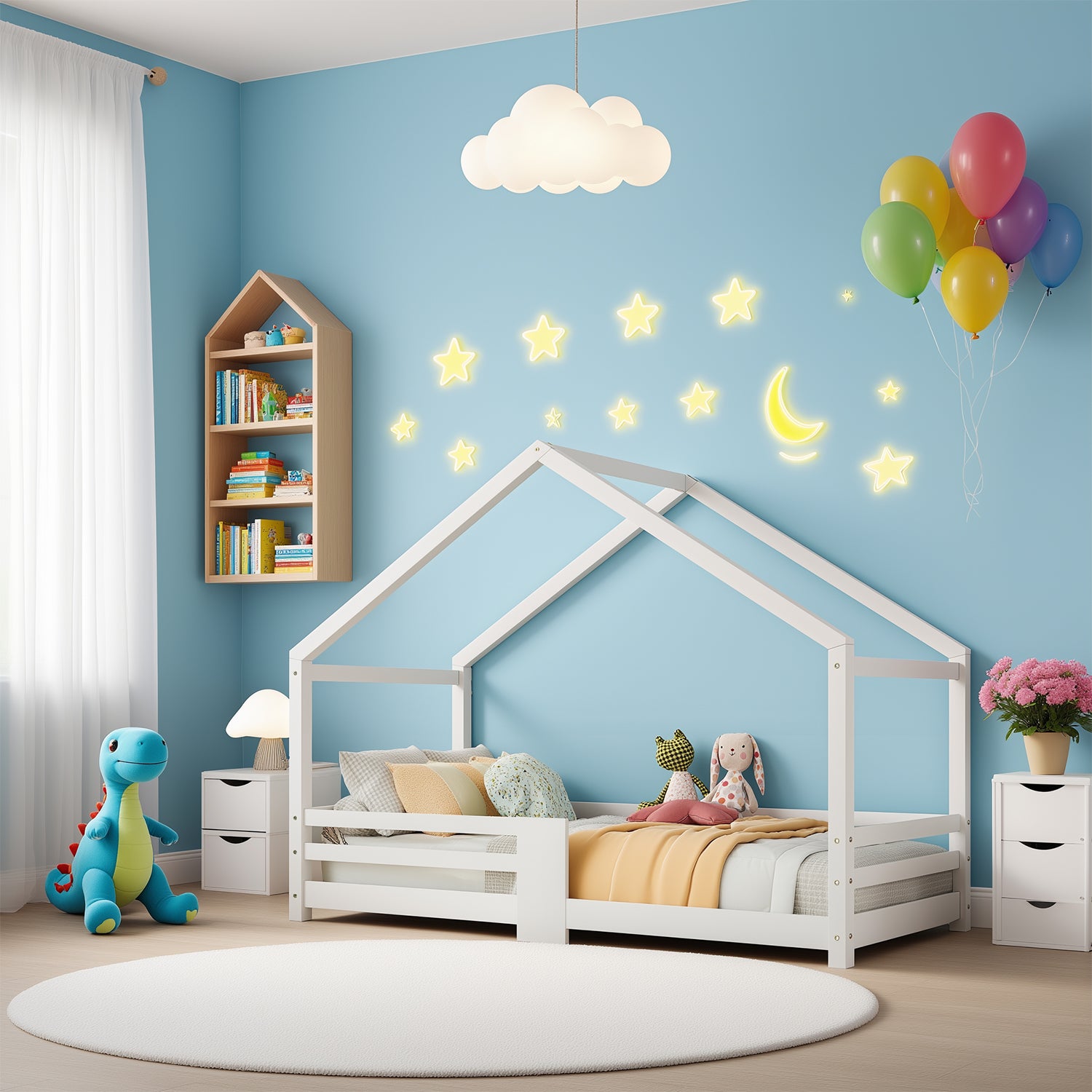Lit cabane enfant 90x200 cm bois massif blanc avec barrière anti-chute et sommier à lattes