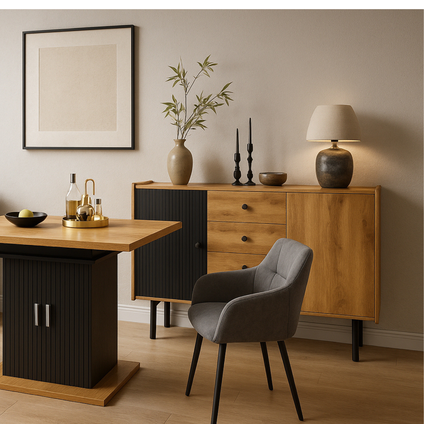 Modernes Buffet 120 cm Schwarz und Holz mit 2 Türen und 3 Schubladen, Design -Sideboard mit großem Stauraum