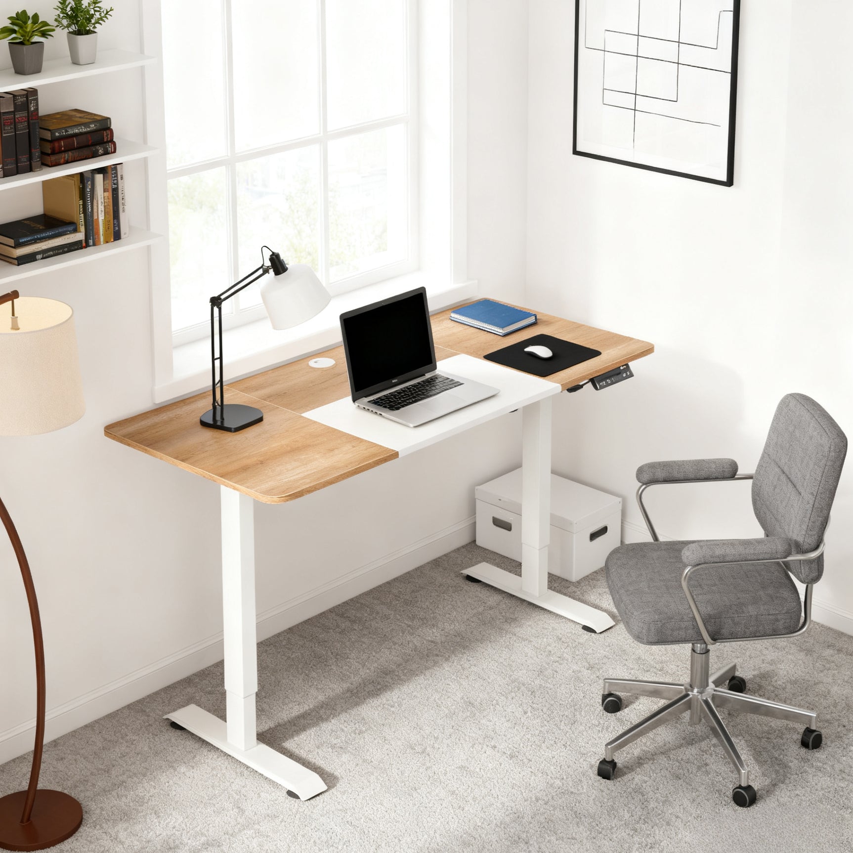 Table de bureau électrique réglable en hauteur 140x70 cm Stehschreibtisch avec moteur, cadre en métal, design nature+blanc pour bureau et espace de travail