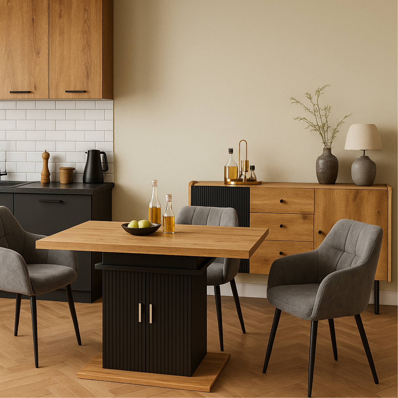 Modernes Buffet 120 cm Schwarz und Holz mit 2 Türen und 3 Schubladen, Design -Sideboard mit großem Stauraum