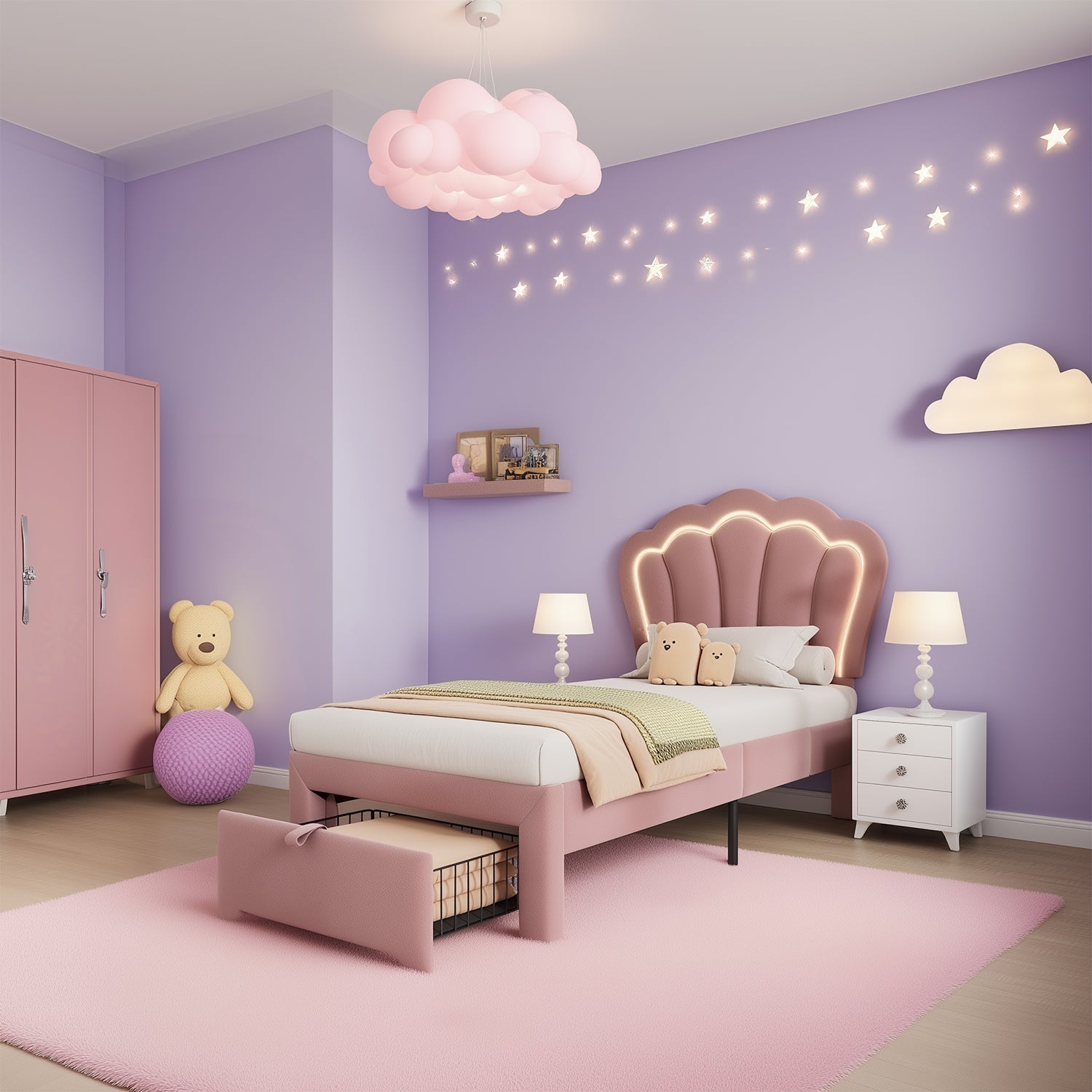 Lit enfant rembourré 90×190 cm avec LED et tiroir, velours rose (sans matelas)