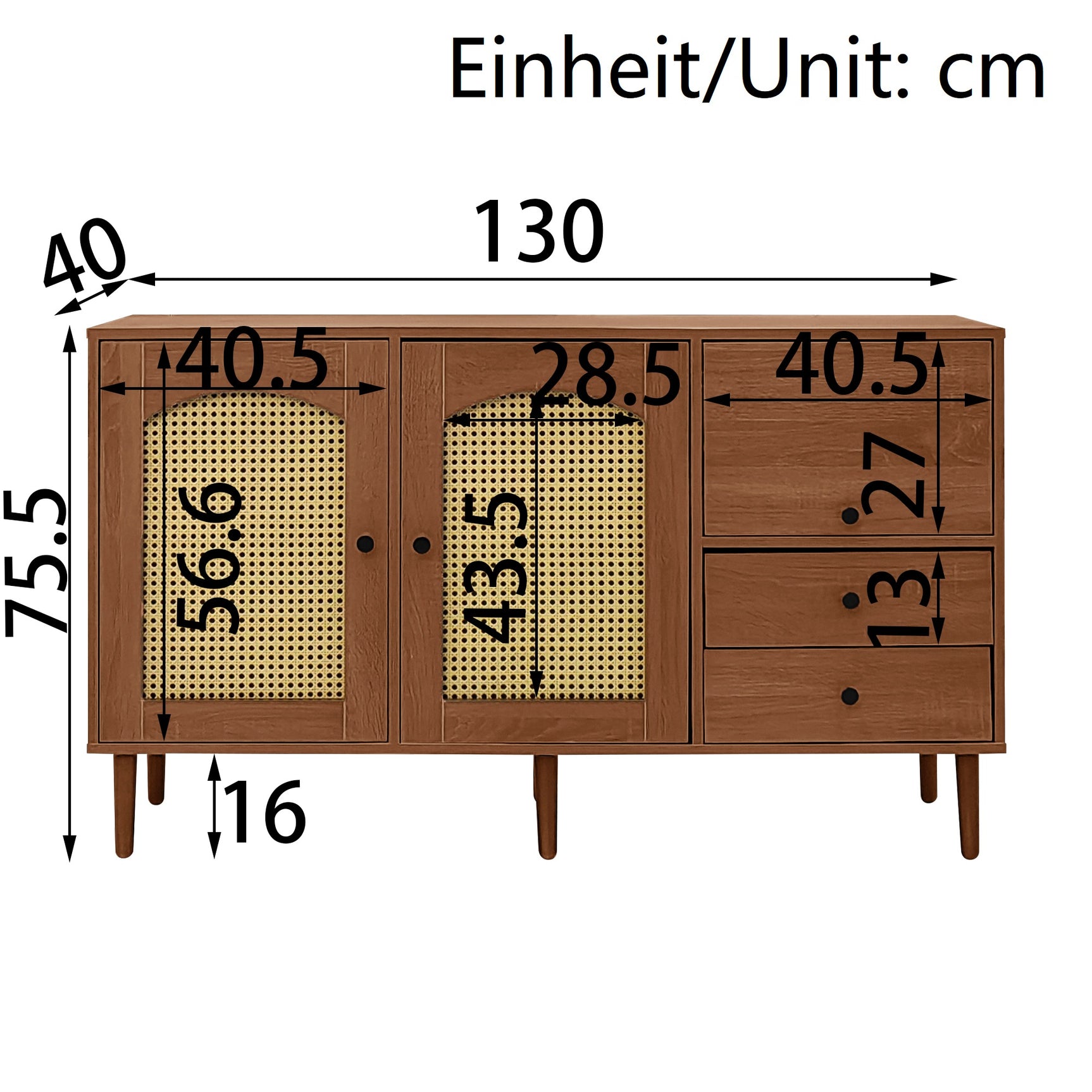 Stile campagna a buffet in legno con porte inscatoli, ripiani e cassetti regolabili 130 × 75,5 × 40 cm