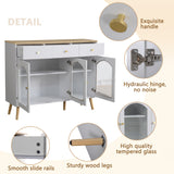 Buffet de madera blanca y natural con 3 cajones y puerta de 3 fondos en vidrio templado, gran espacio de almacenamiento elegante