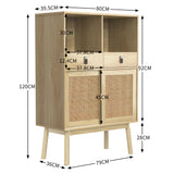 Modernes Holzbuffet mit hohem hochstilem Stil mit natürlichen Rattan -Türen, 2 Schubladen und 2 offenen Nischen - 80x39.5x120 cm
