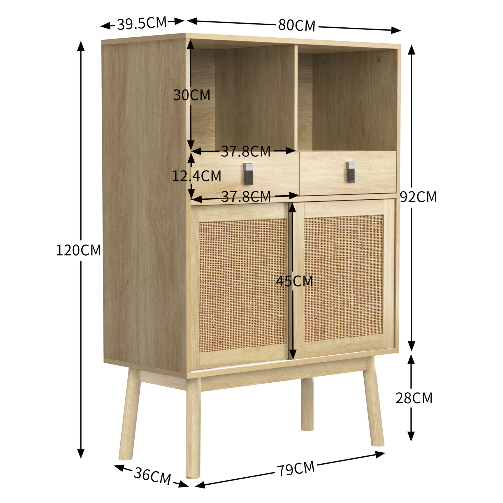 Modernes Holzbuffet mit hohem hochstilem Stil mit natürlichen Rattan -Türen, 2 Schubladen und 2 offenen Nischen - 80x39.5x120 cm