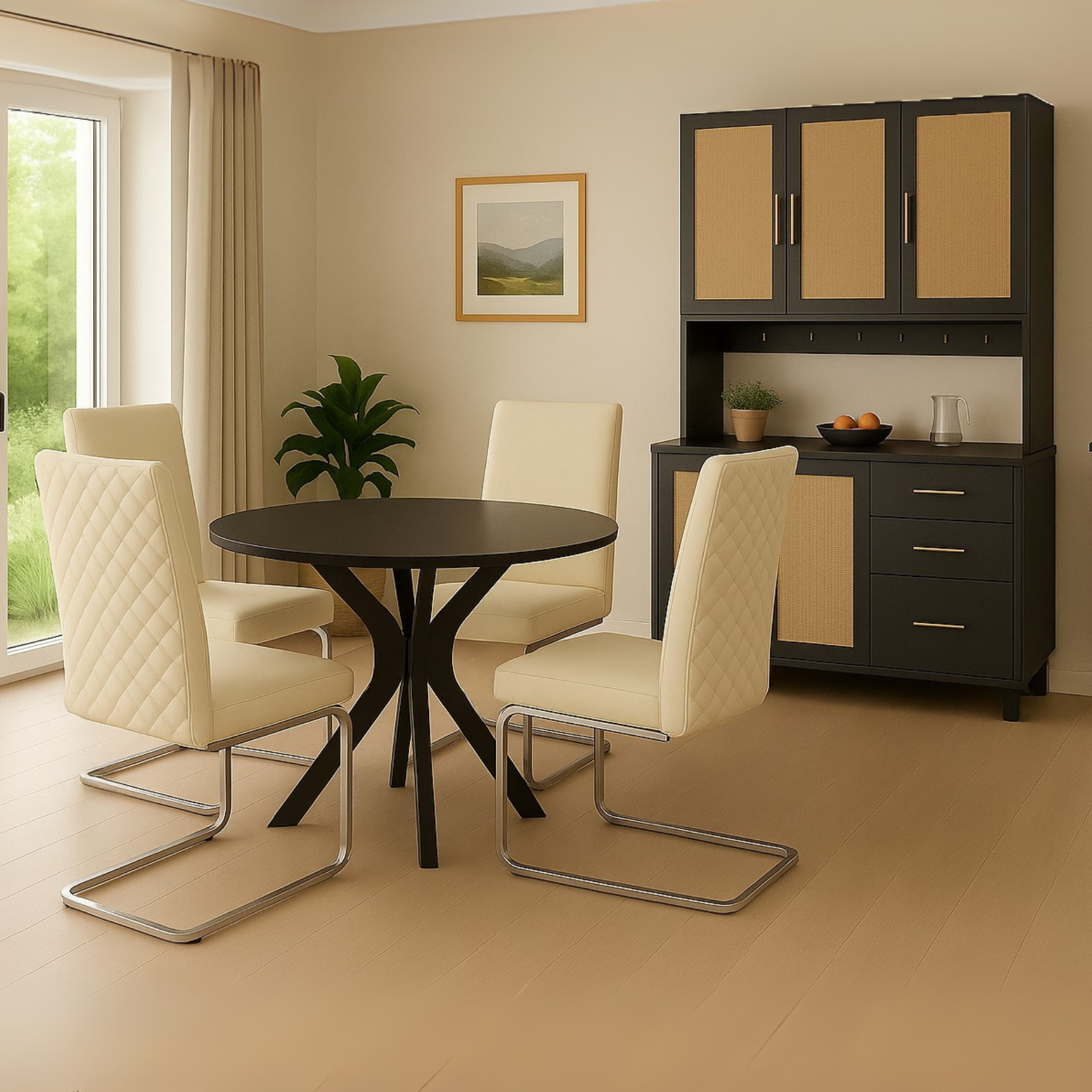 Lot de 2 chaises de salle à manger en velours beige avec dossier à motif diamant et pieds en métal argenté