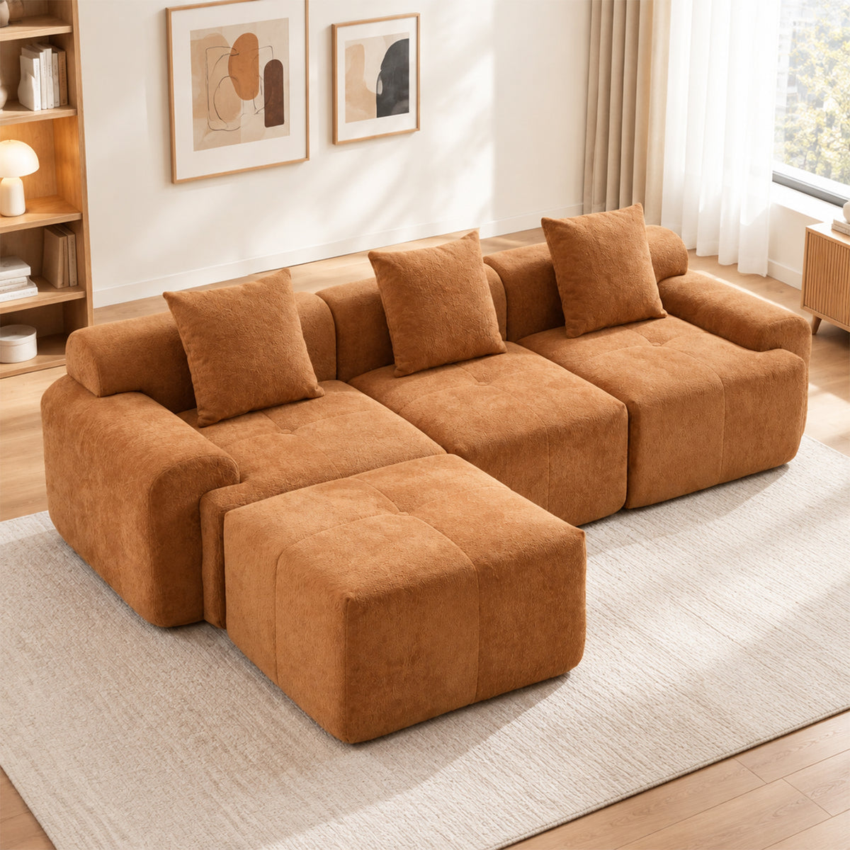 Canapé d’angle modulaire orange 3 places avec pouf