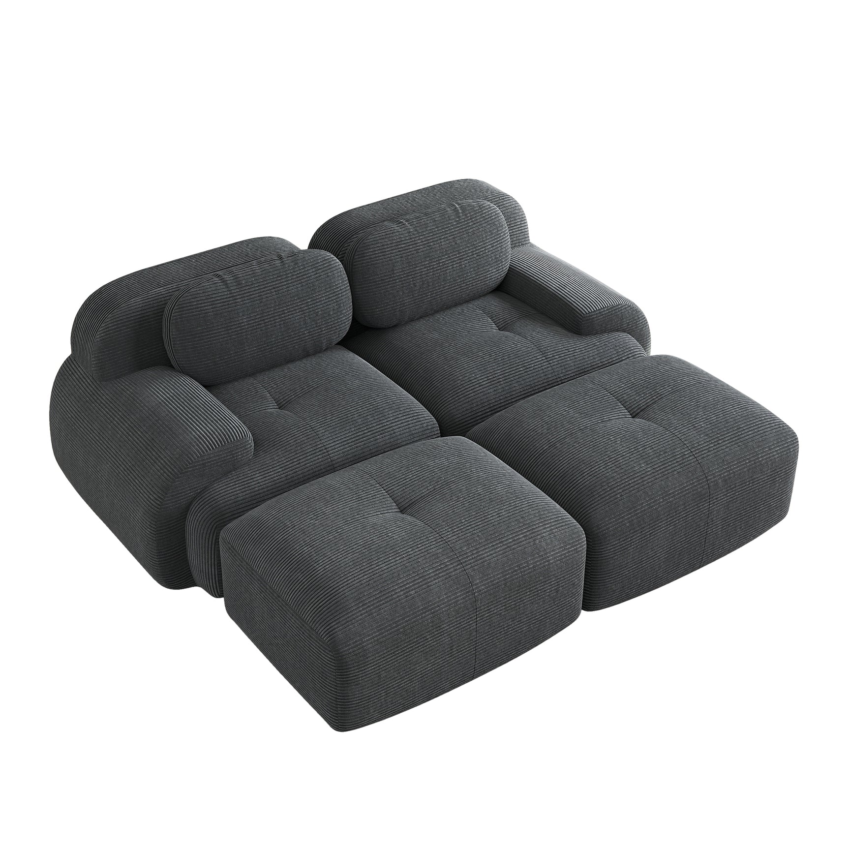 Ensemble de canapés avec accoudoirs incurvés et base antidérapante en tissu velours côtelé doux pour le salon, gris, siège 2 + tabouret 2