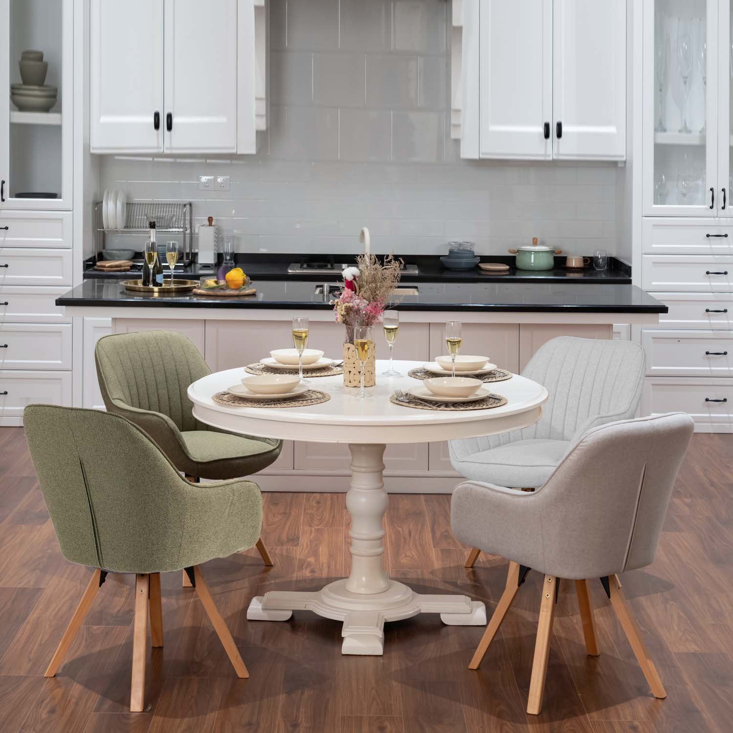Set di 2 comode sedie da pranzo in tessuto verde con rotazione a 360° - CARSON FABRIC GREEN 2PZ