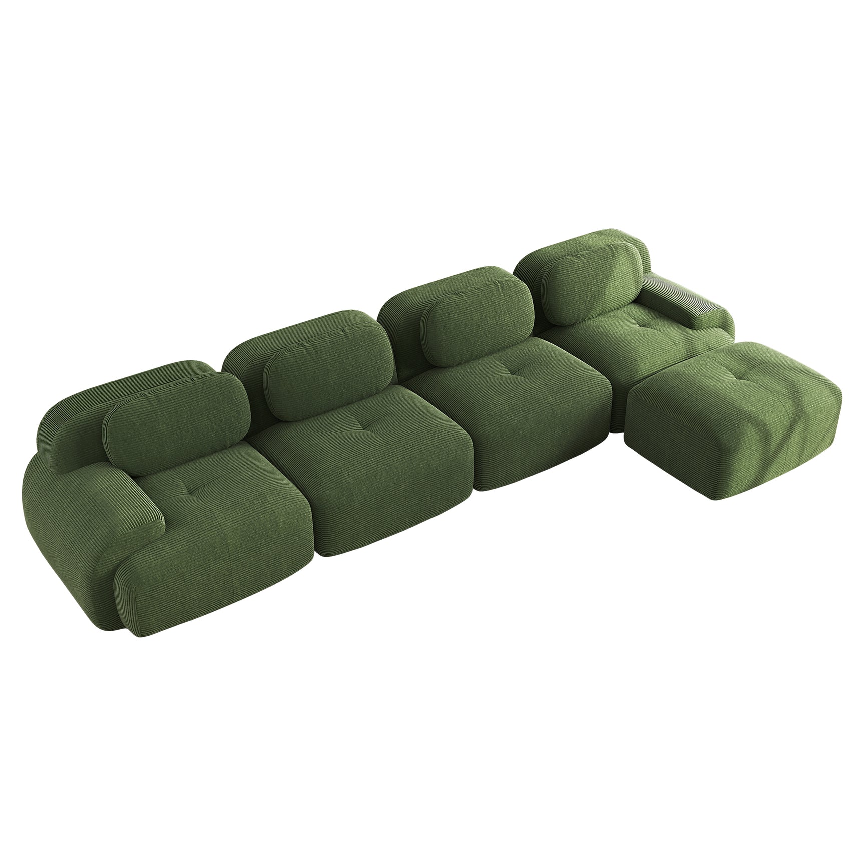 Ensemble de canapés avec accoudoirs incurvés et base antidérapante en tissu velours côtelé doux pour le salon, vert, siège 4+tabouret 1
