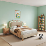 Lit enfant rembourré 90×200 cm avec LED, en lin beige avec tête de lit réglable et sommier à lattes (sans matelas)