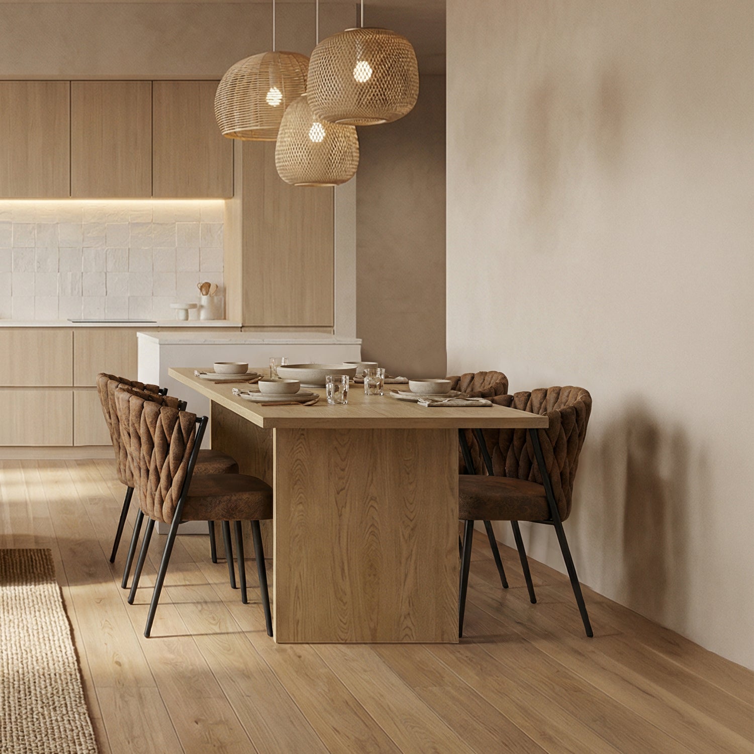Rectangular dining table in particle panels finish oak with four robust feet