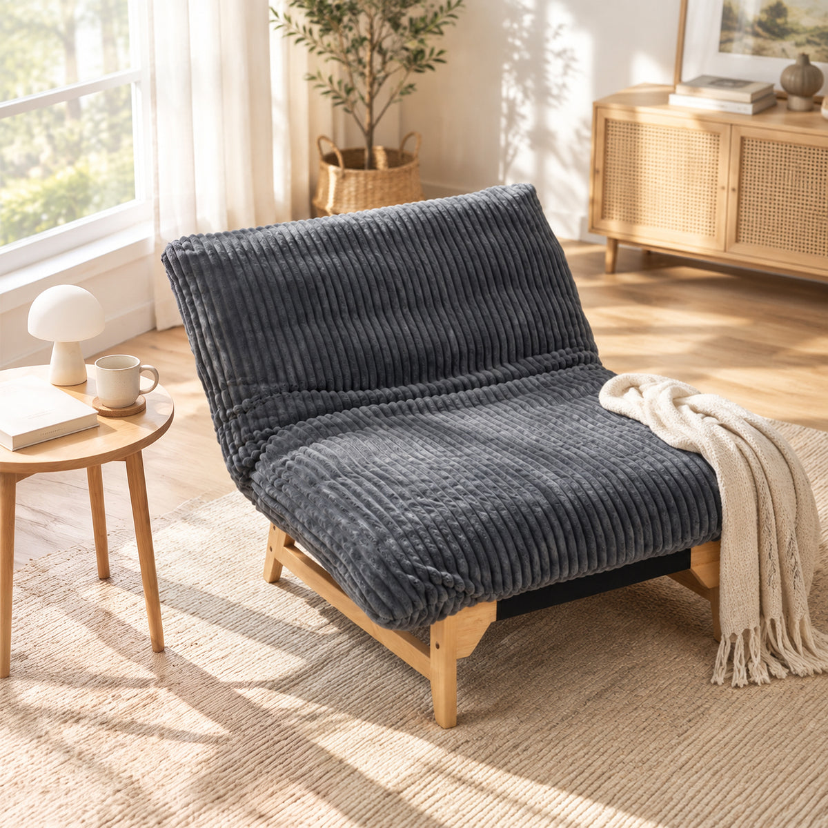 Fauteuil en velours côtelé gris sans accoudoirs