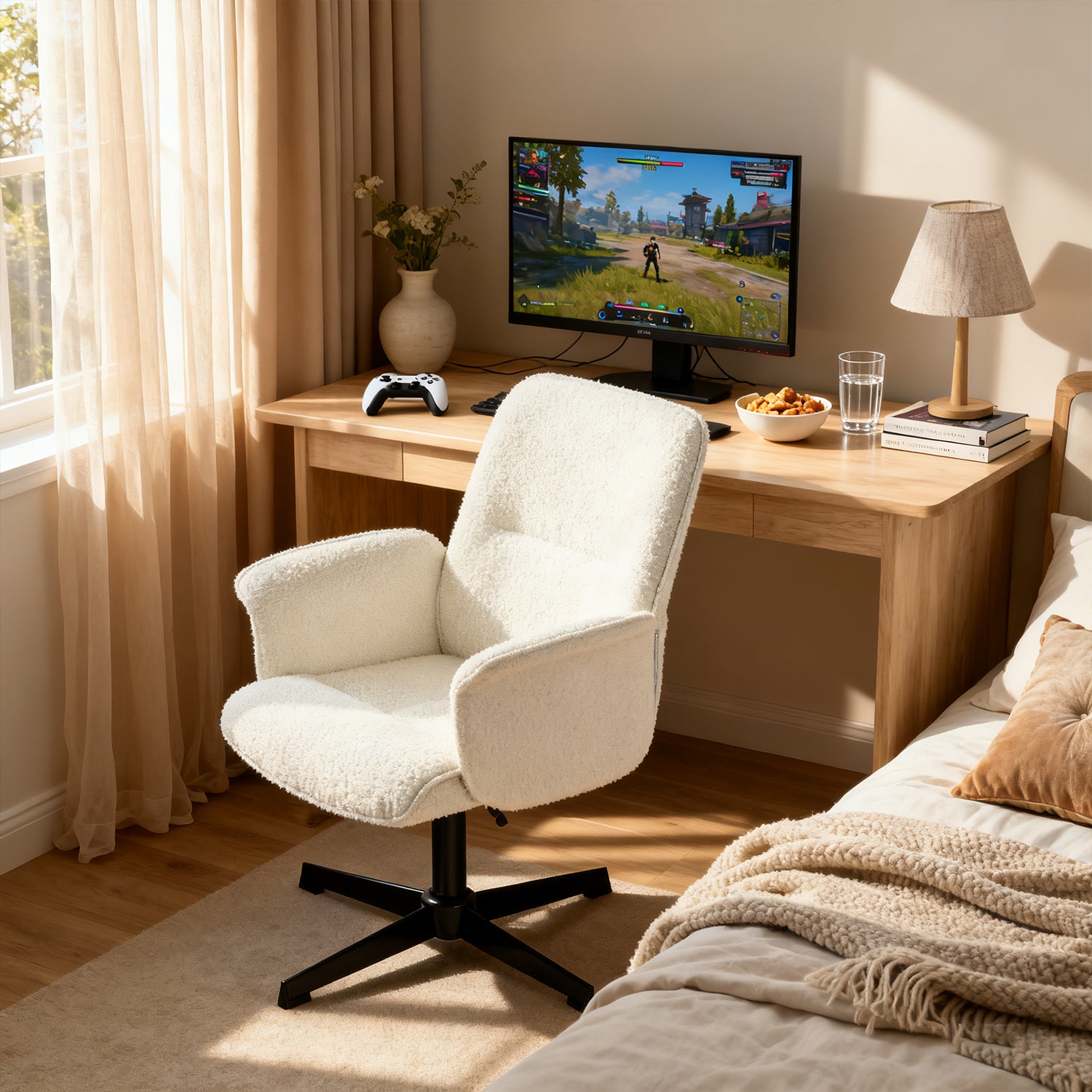 Fauteuil de bureau ergonomique réglable pivotant avec accoudoirs en tissu bouclette blanc - THOMASINA