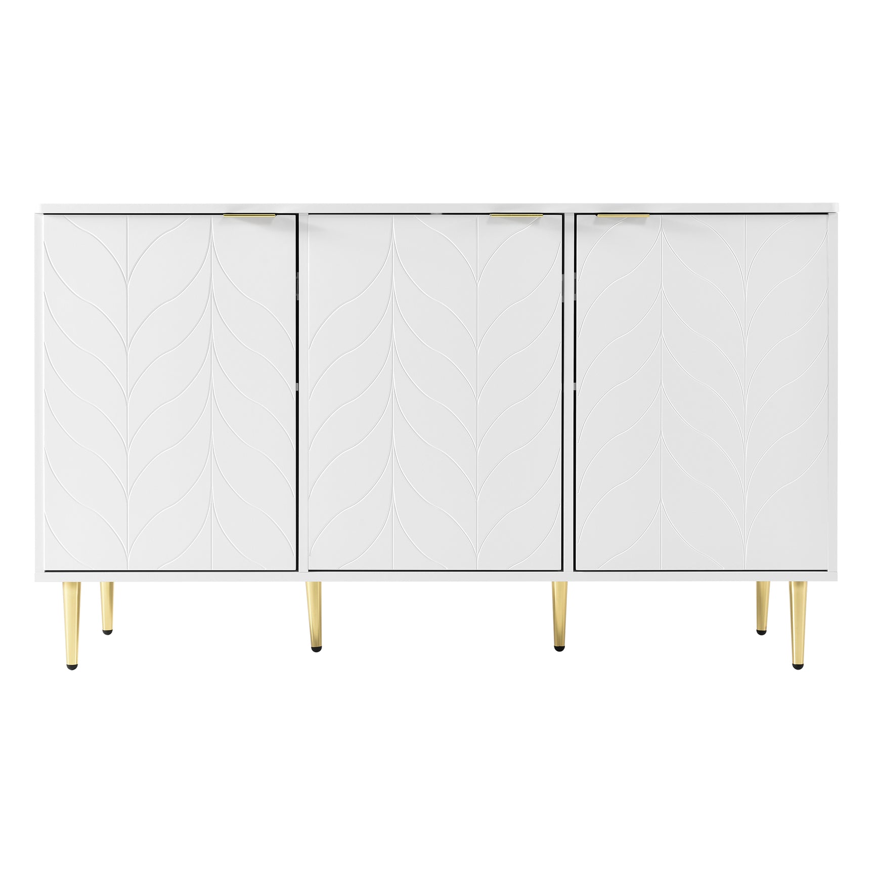 Sideboard moderne à motifs de fleurs 127×45×75cm Commode blanche avec pieds et poignées dorées 2 étagères 6 compartiments pour salon chambre à coucher et salle de bains