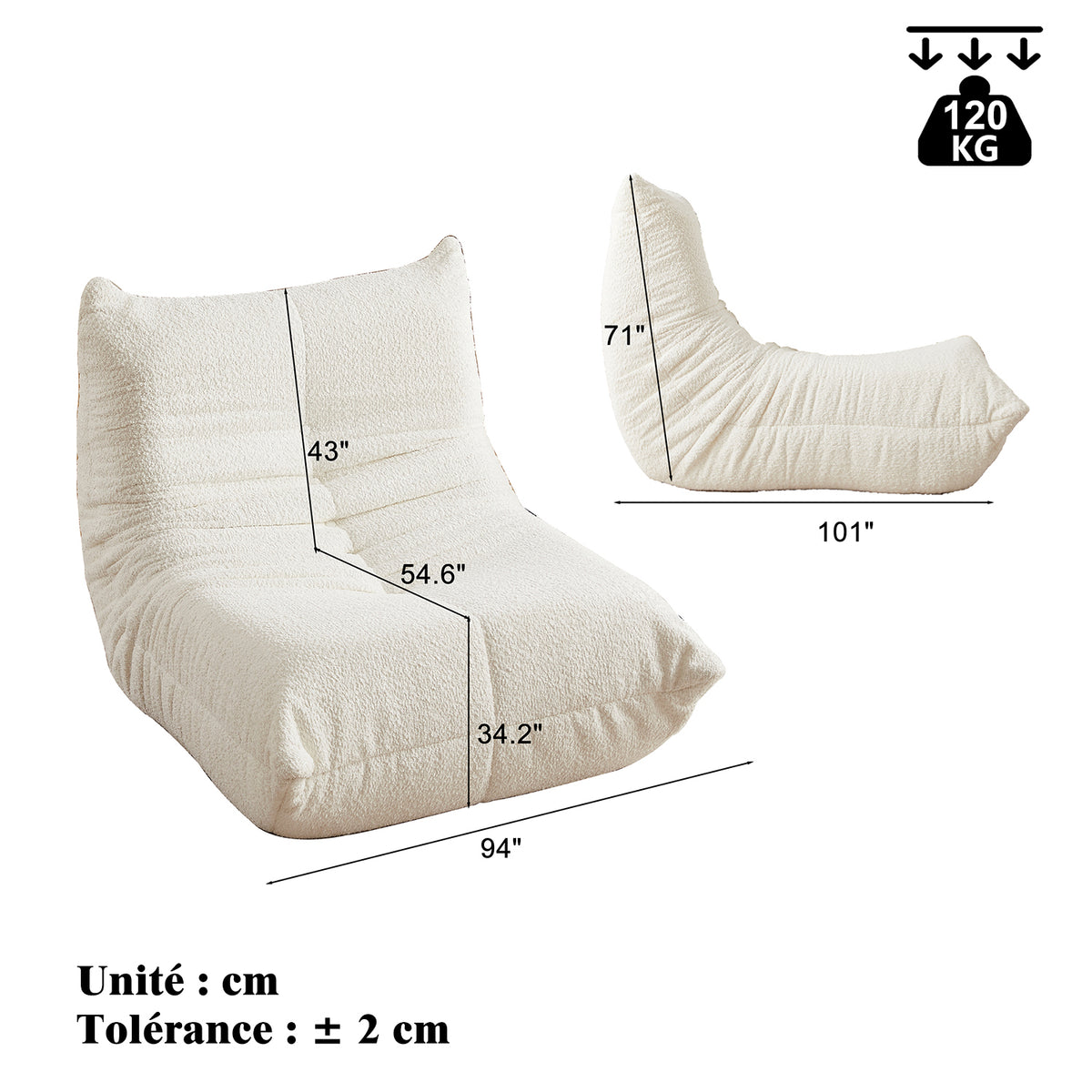Fauteuil style Togo beige chenille, fauteuil de sol sans cadre ergonomique