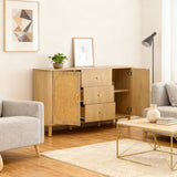 Oak caning buffet with 3 drawers, 2 doors, adjustable shelves and anti-breeching device-120 × 40 × 74 cm