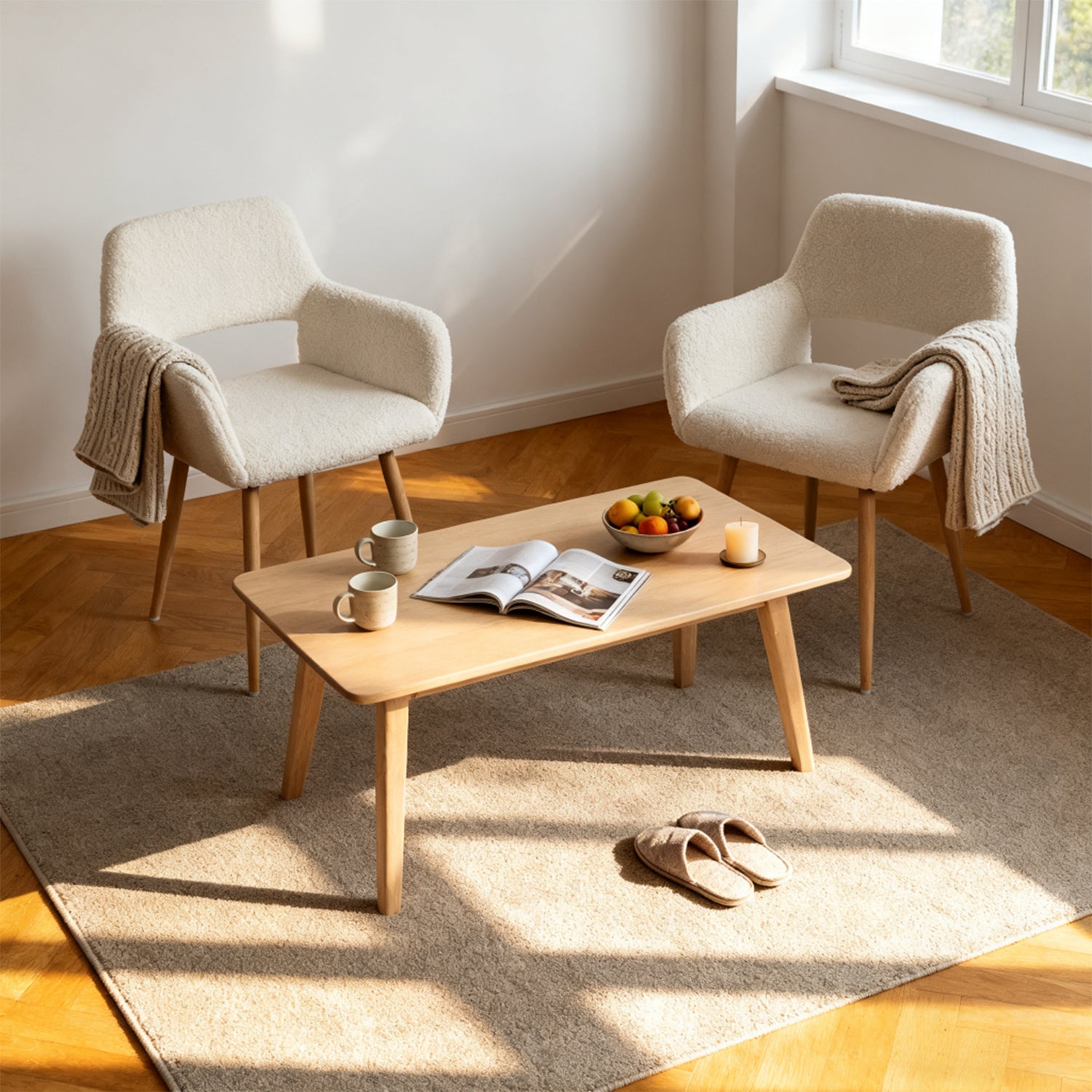 2 skandinavische Esszimmer Sessel mit Armlehnen im Beige Boulette Stoff - Cromwell