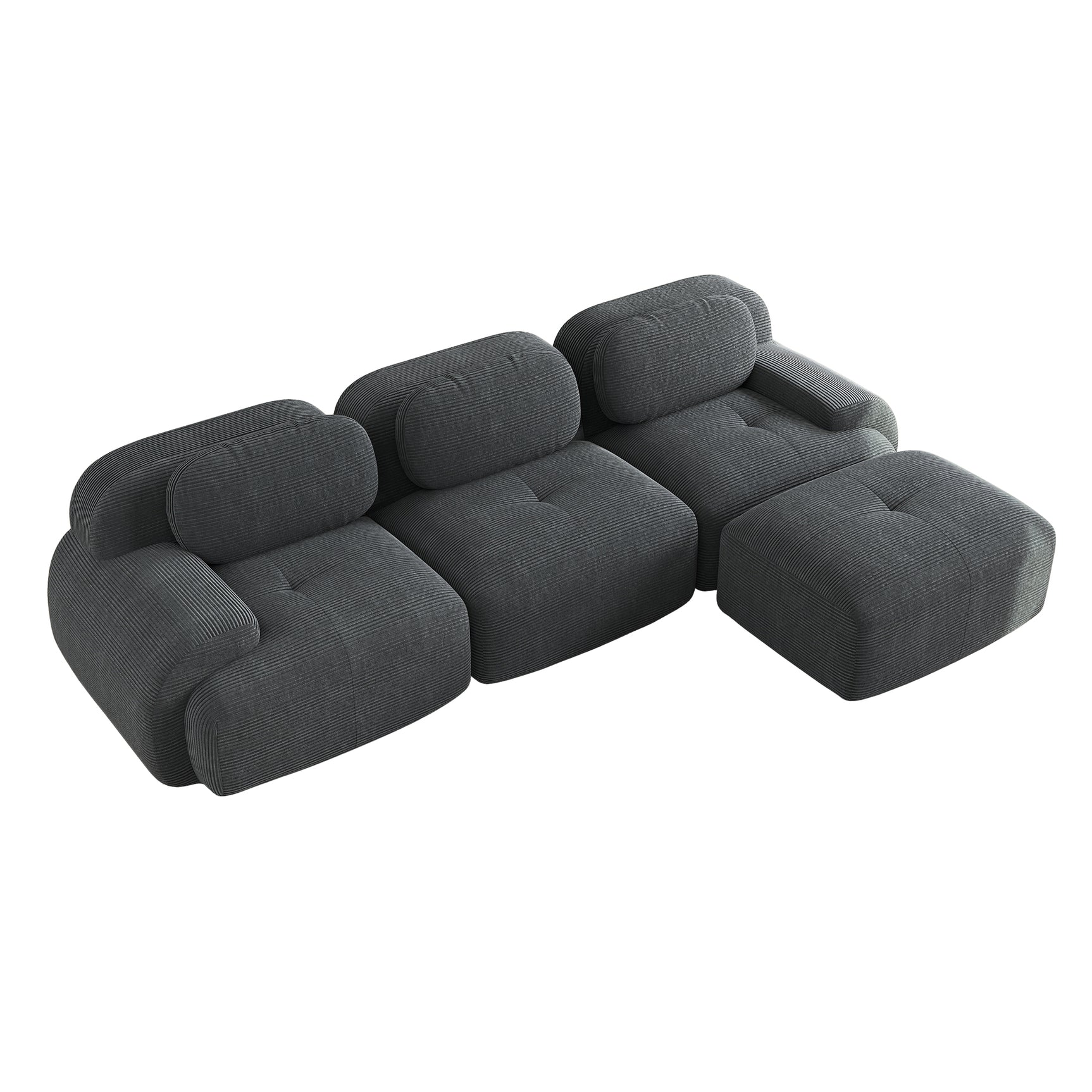 Ensemble de canapés avec accoudoirs incurvés et base antidérapante en tissu velours côtelé doux pour le salon, gris, siège 3 + tabouret 1