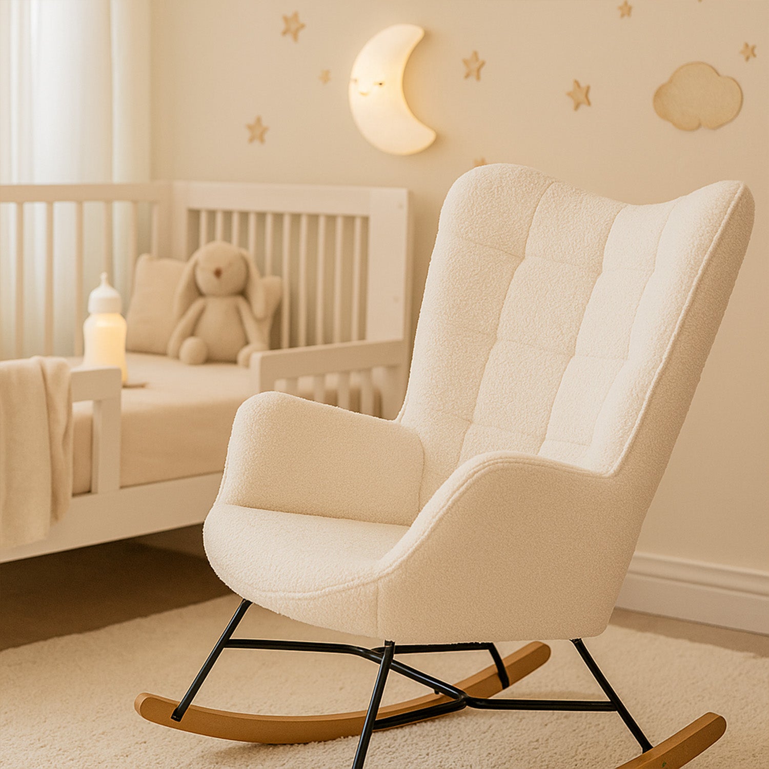 Scandinavian breastfeeding armchair with armrests in beige dicks sheep fabric with stitching - Funkel