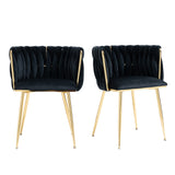 Lot de 2 Chaises en Velours Luxueuses Chaises à Dos Tressé avec Pieds Métal Doré pour Salon Chambre à Coucher Salle à Manger, Noir