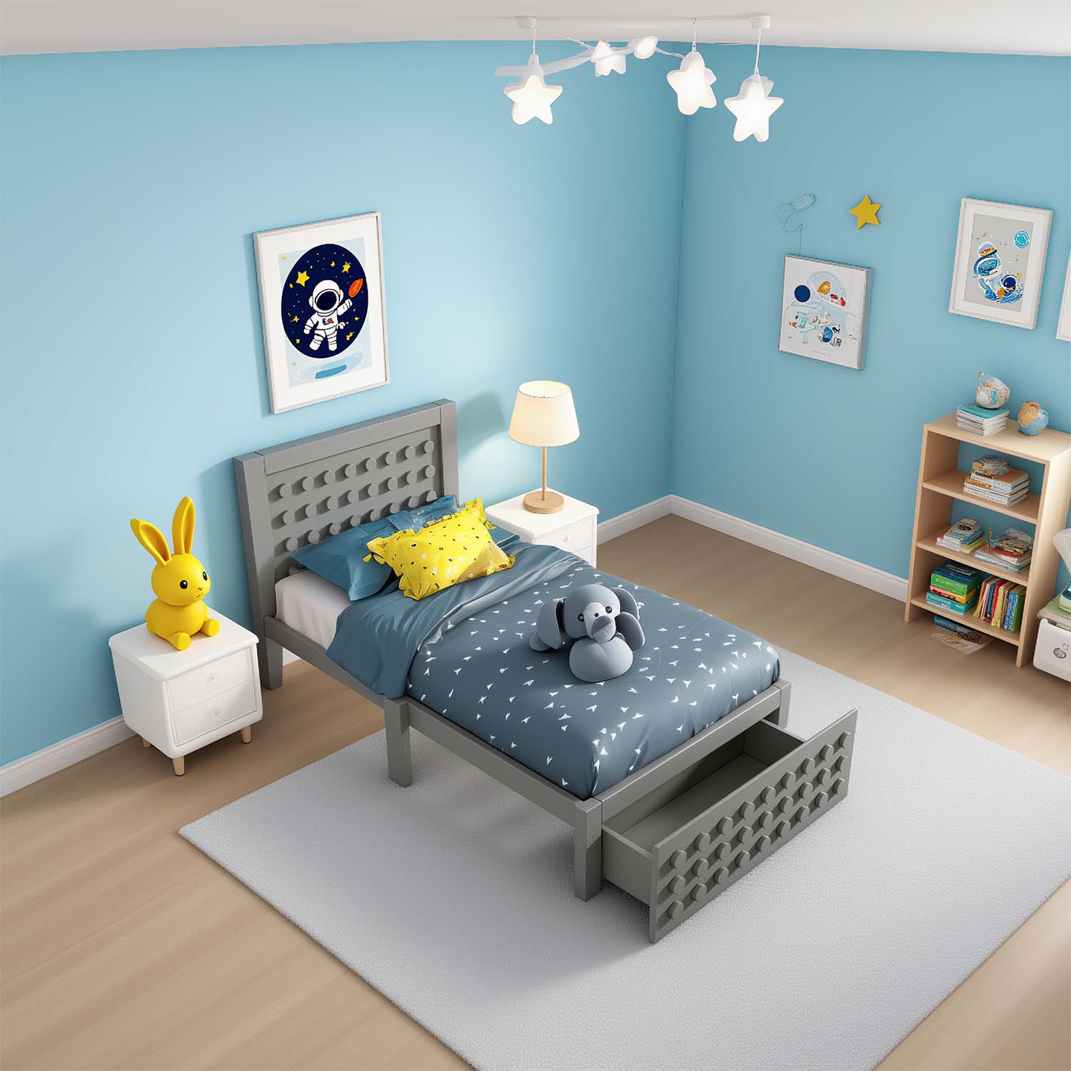 Graues Kinderbett 90x200 cm mit Lagerschubladen und kreatives Design in Blöcken, fester Holzrahmen
