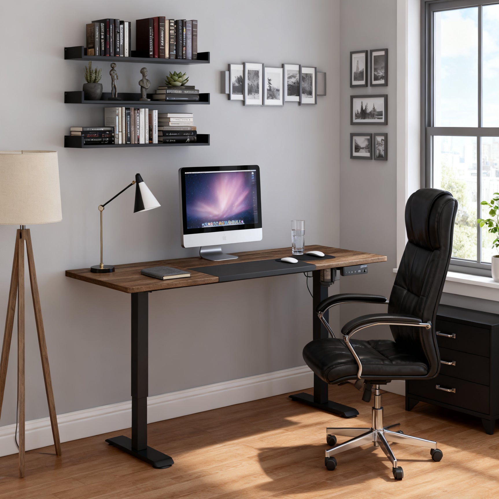 Table de bureau électrique réglable en hauteur 140x70 cm Stehschreibtisch avec moteur, cadre en métal, design nature+noir pour bureau et espace de travail
