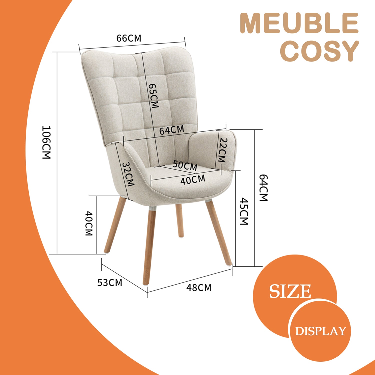 Fauteuil scandinave avec accoudoirs en tissu beige à surpiqûres - FUNKEL