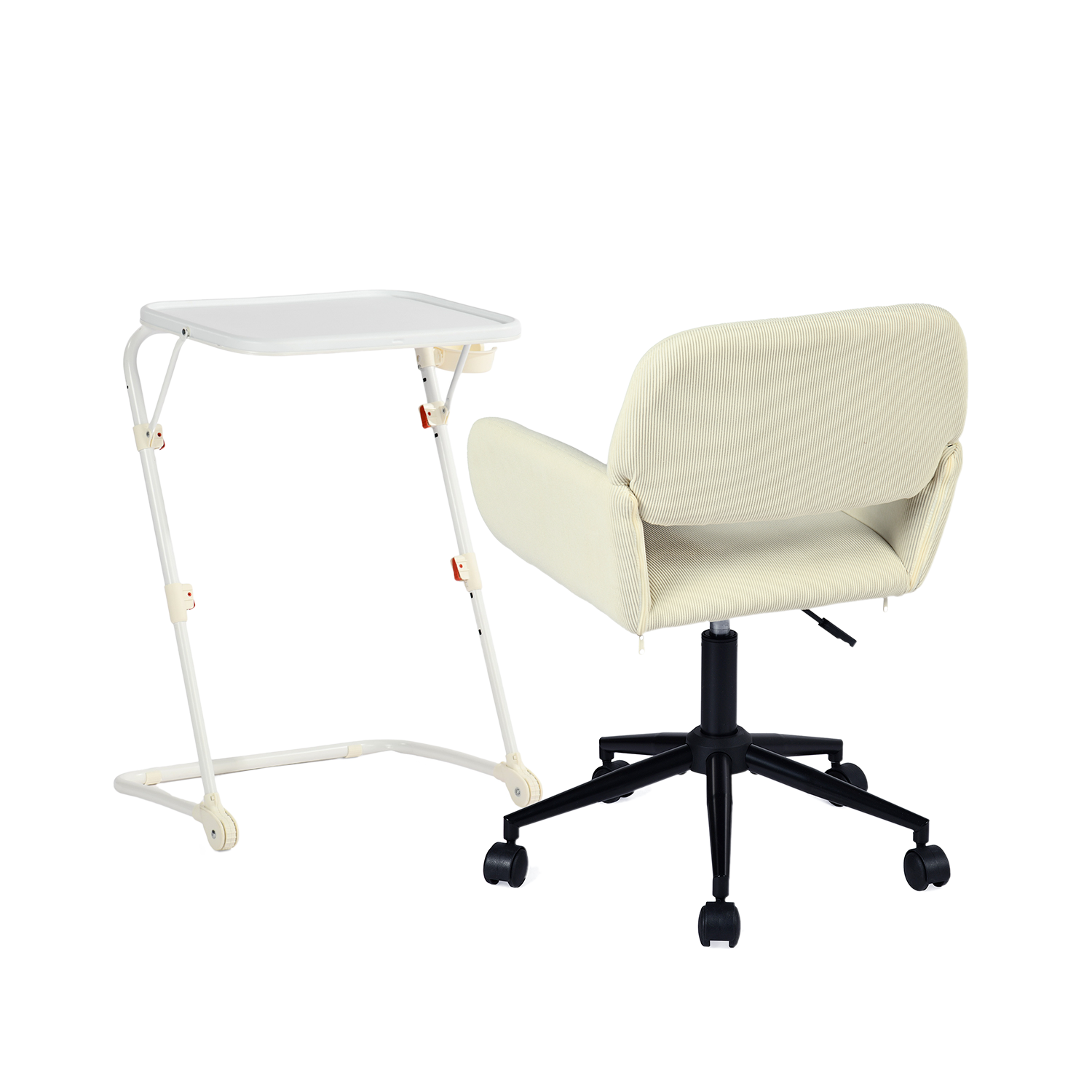 Establecer con mesa auxiliar blanca plegable y sillón de escritorio de terciopelo beige - Baseline y Ross