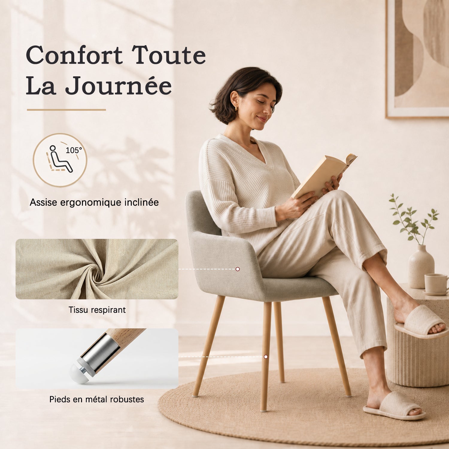 Lot de 2 fauteuils de salle à manger scandinaves avec accoudoirs en tissu beige - CROMWELL