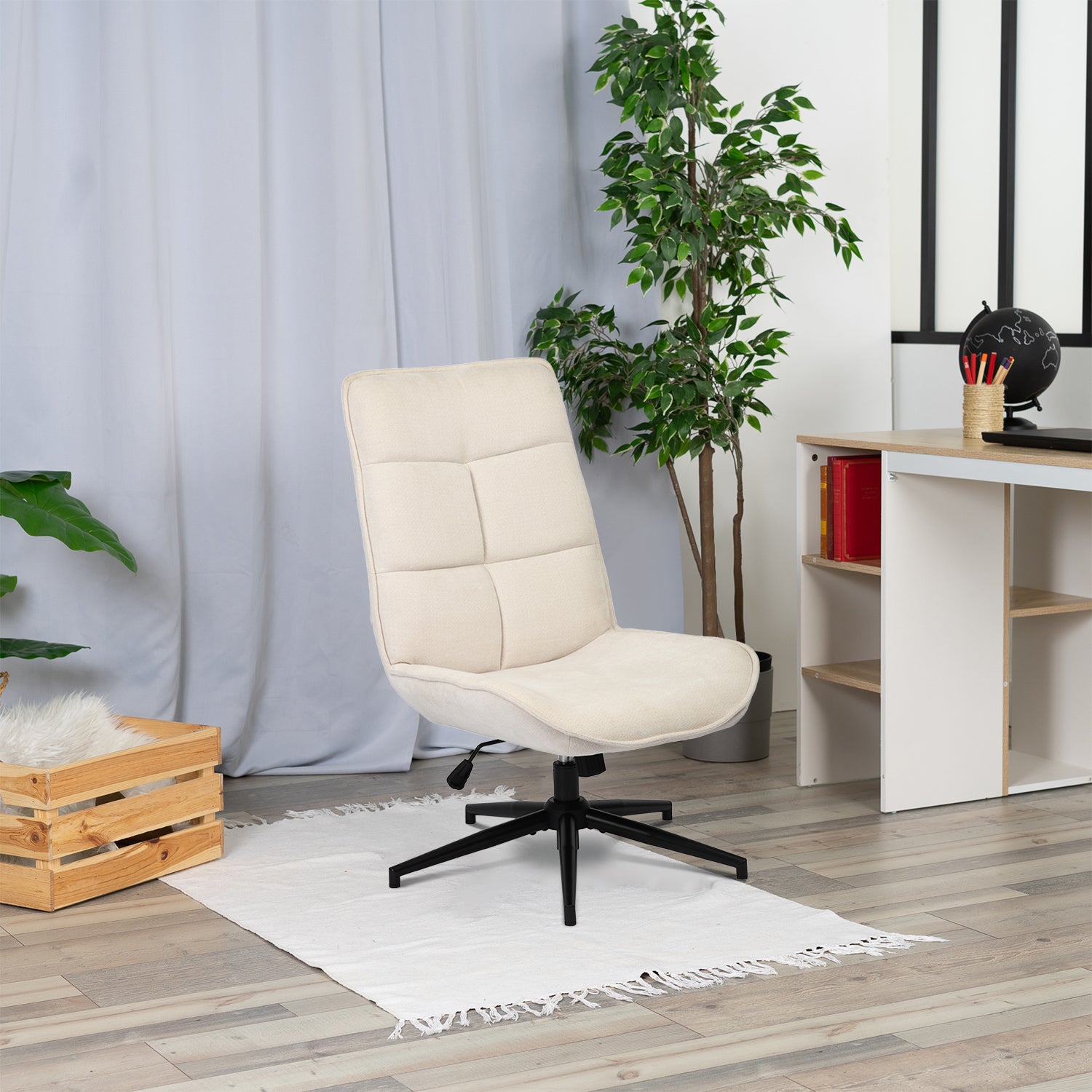 Verstellbarer Freizeitsessel aus beigem Chenille-Stoff, um 360° drehbar – CHARLOTTE