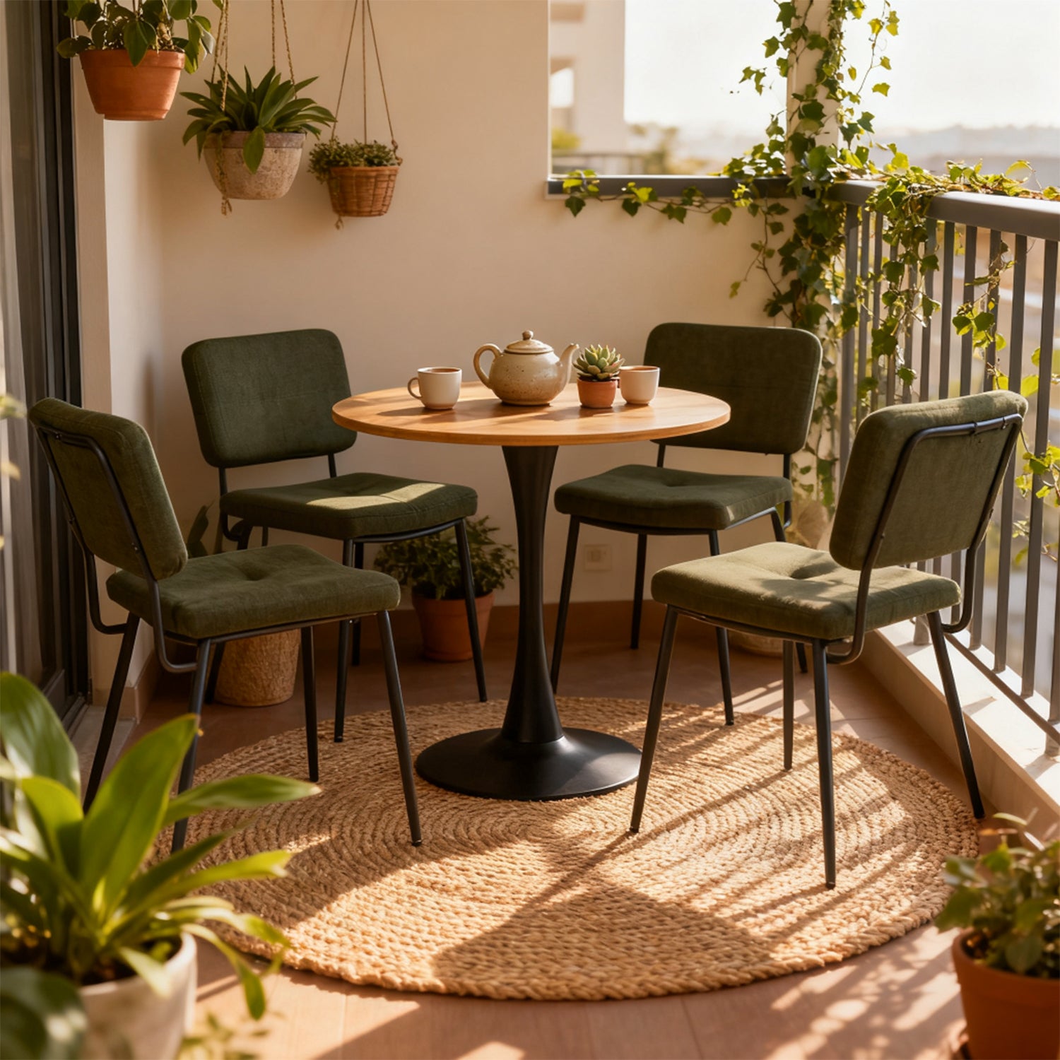 Ensemble de salle à manger de style scandinave composé d'une table ronde en chêne et de 4 chaises en tissu vert