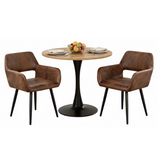 Ensemble de salle à manger de style scandinave composé d'une table ronde en chêne et de 2 fauteuils en suédine marron